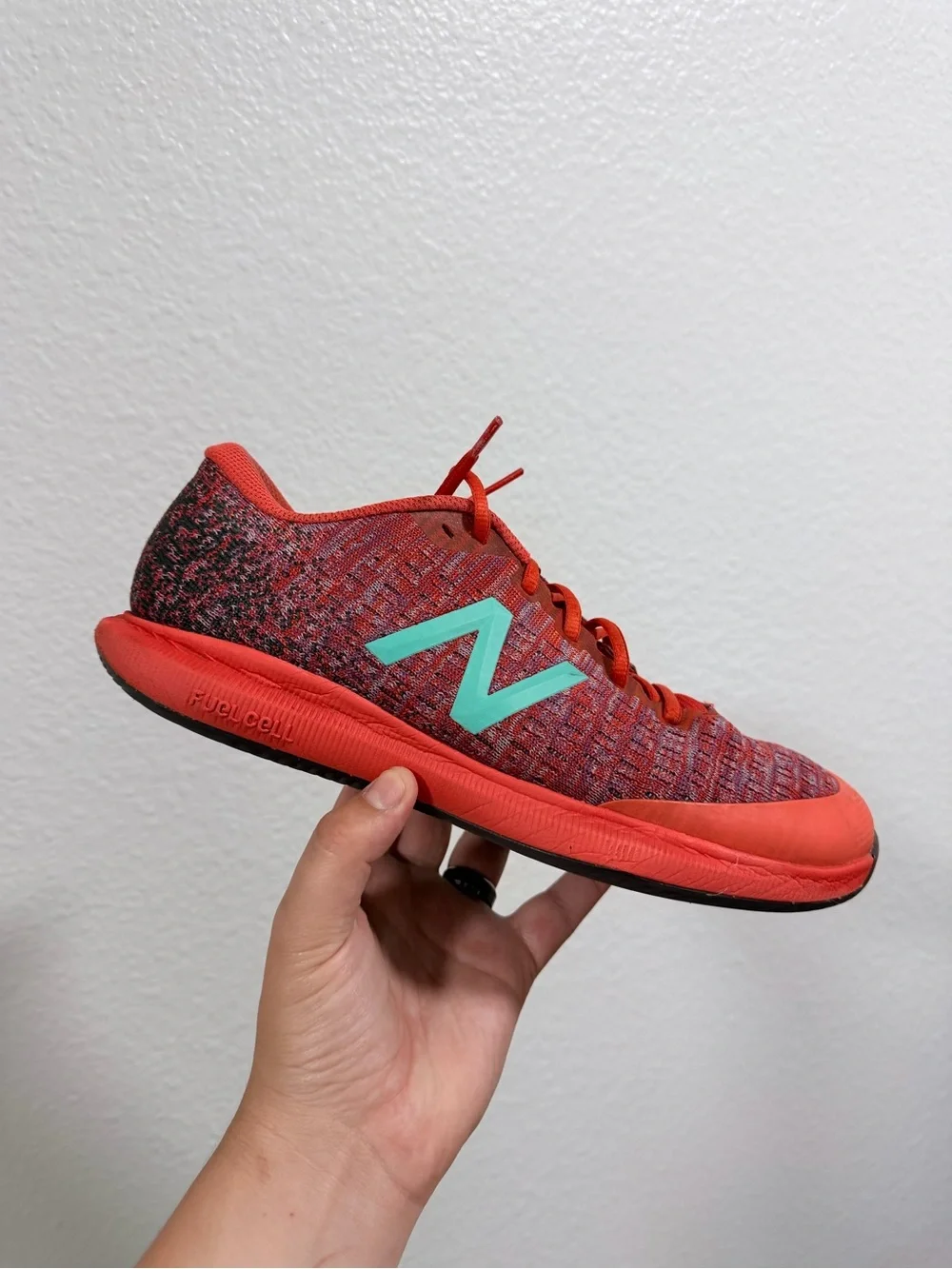 New Balance Red Knit Sneaker with Teal Logo tennis shoes